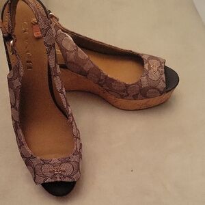 Coach Brown Patterned Wedge Sandals